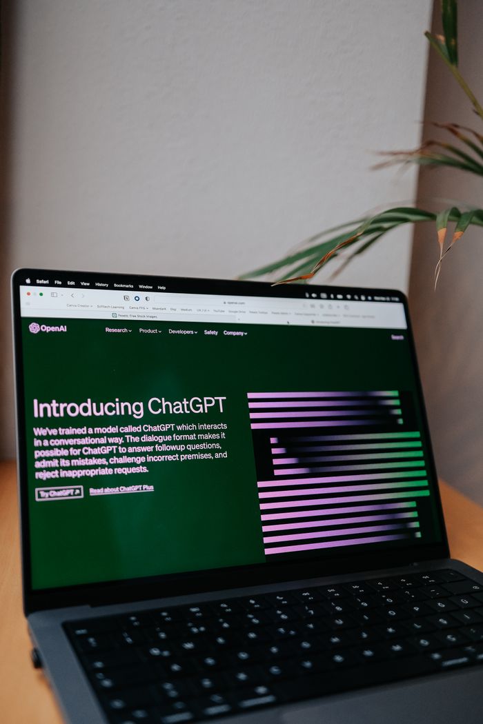 about-01 OpenAI ChatGPT introduction on a laptop screen with focus on new AI features.
